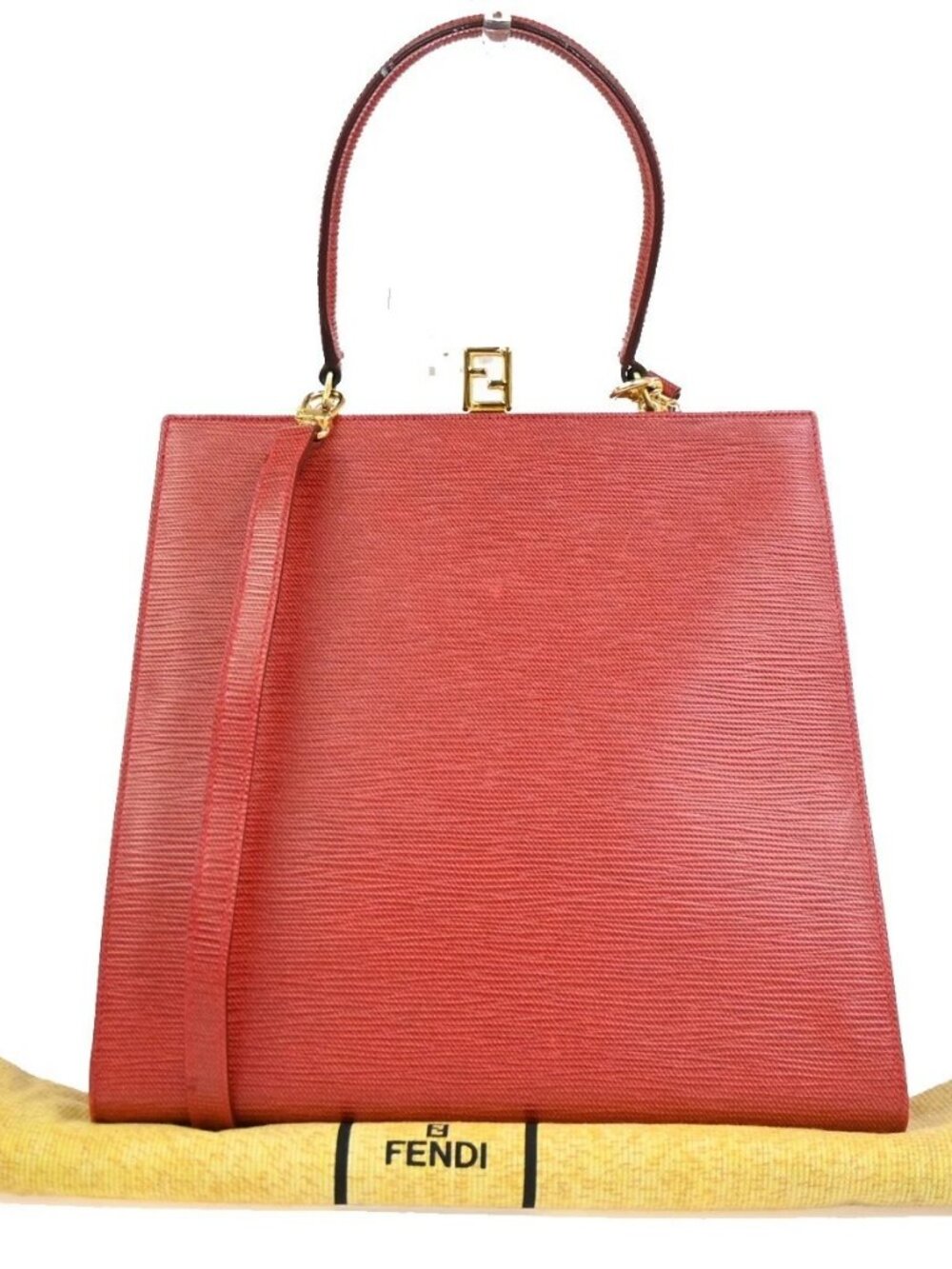 FENDI Logo 2way Shoulder Handle Bag Leather Red Italy GHW 32KD576